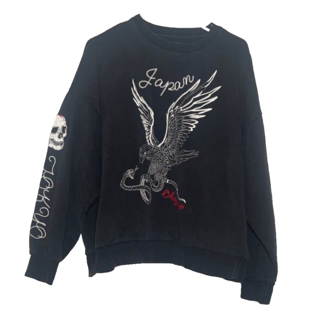 Zara Man Pullover Sweatshirt Men's Medium Black Embroidered Stiching Tokyo Japan